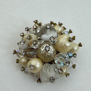 Vintage Signed Vendome Gold Tone Faux Pearl Rhinestone Beaded Cluster Brooch Pin
